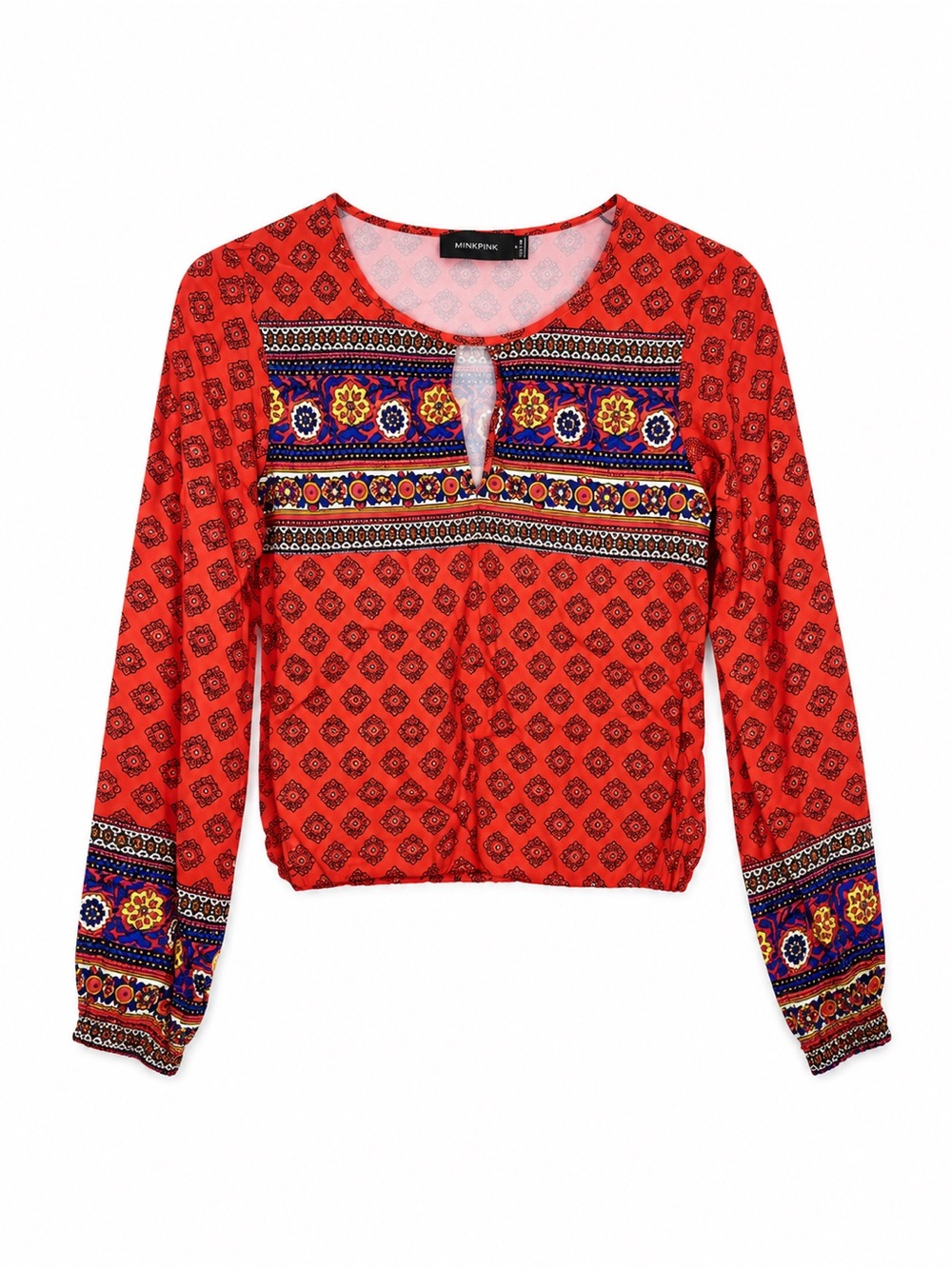 MINKPINK Boho Red Orange Mixed Print Long Sleeve Keyhole Blouse Size Small